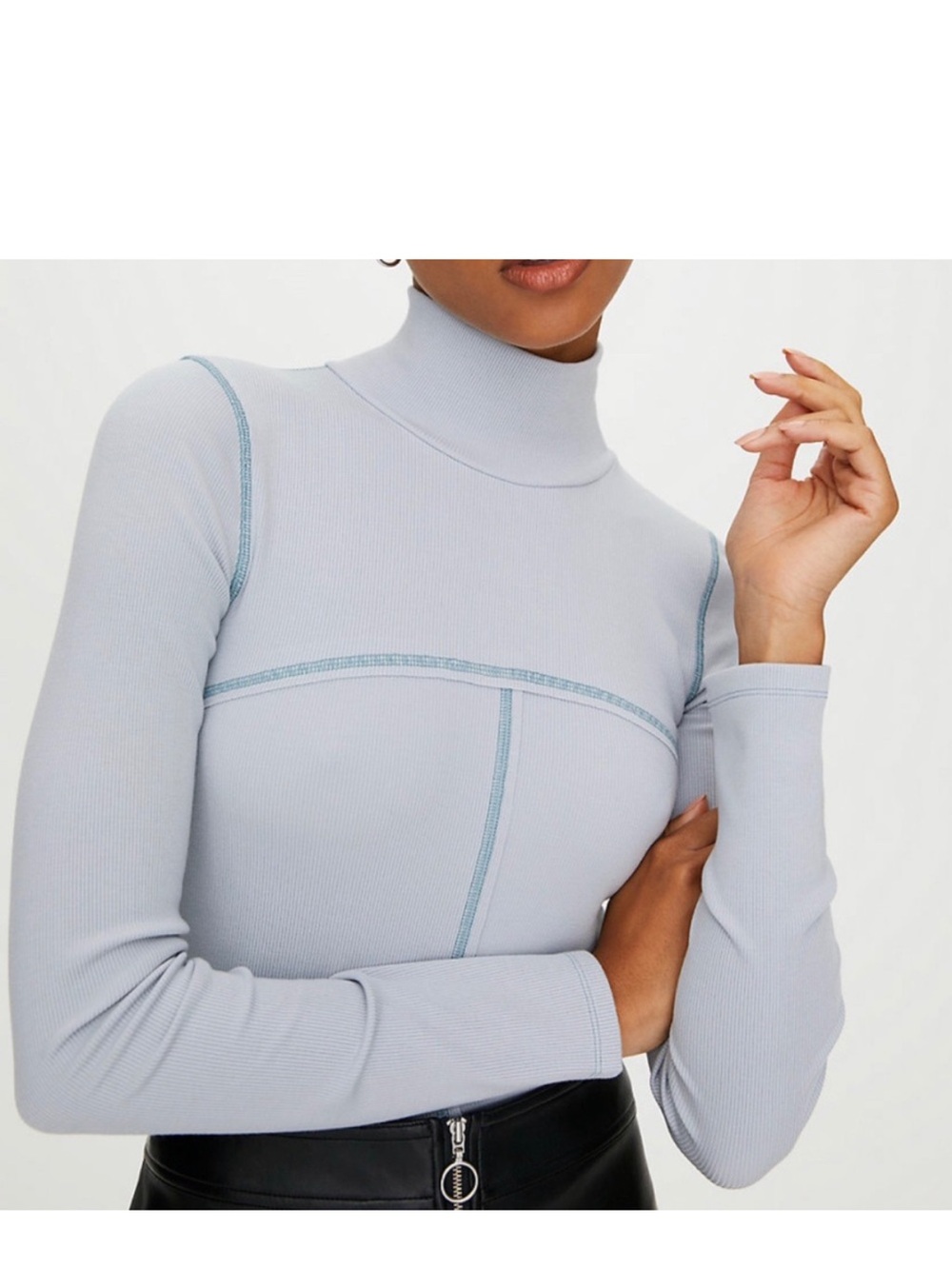 Wilfred Aritzia Ribbed Mock Neck Top Blue XS Fitted Long Sleeve